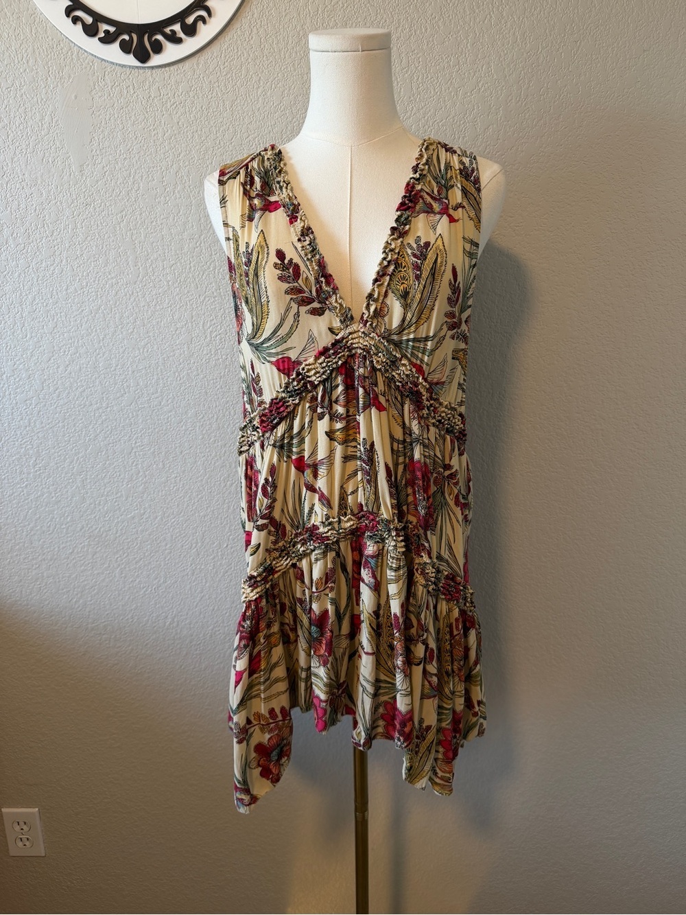 Free People Cream Floral V-Neck Peplum Camisole with Pink Accents - Picture 3 of 5